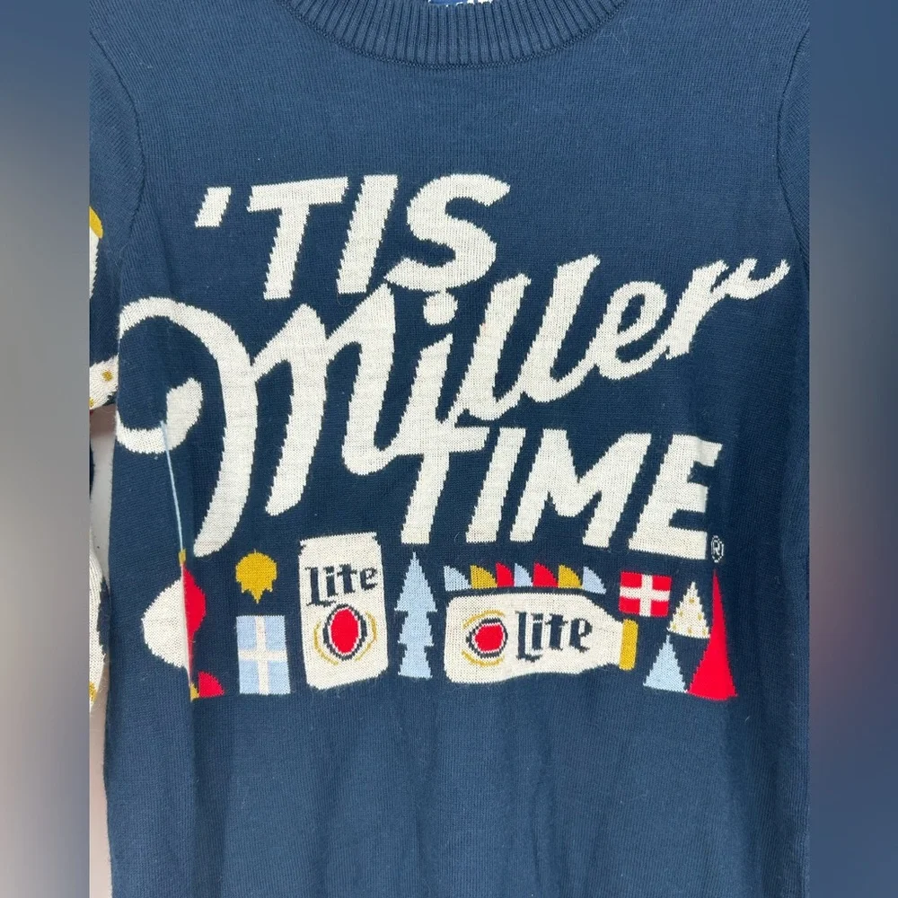 Miller Lite Unisex Holiday Christmas Sweater Navy Blue ‘Tis Miller‎ Time -Small